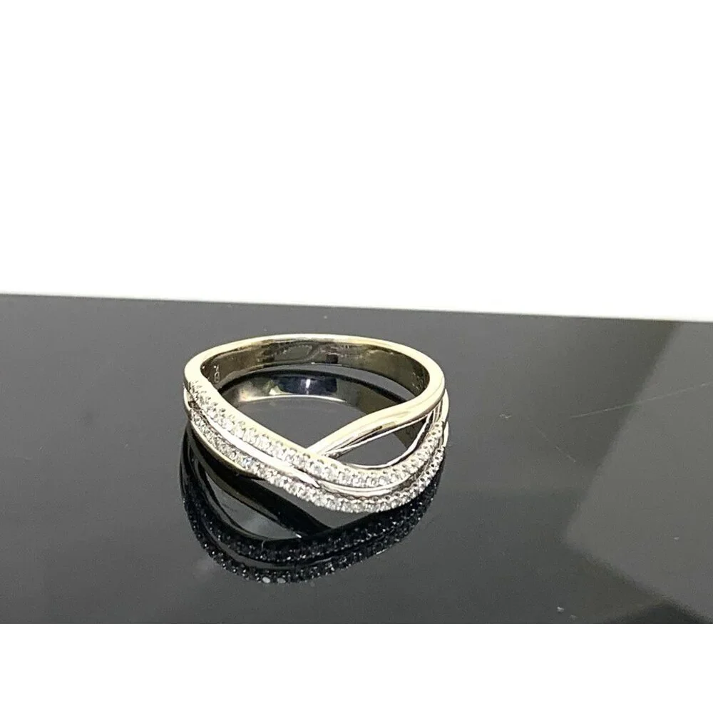 Double Row Diamond Ring 18k White Gold Crossover Style Women's Band Size 9.25